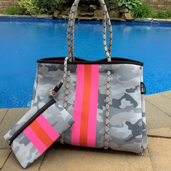 Grey Camo w/ Orange & Pink Stripe Neoprene Tote Bag - Picture 2 of 4